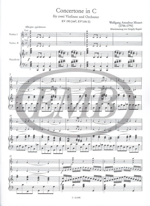 Mozart - Concertone K190 - 2 Violins/Piano Accompaniment EMB Z13698