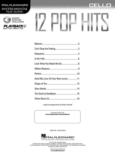 12 Pop Hits - Cello/Audio Access Online Hal Leonard 261799