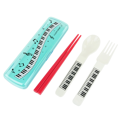 Children's Cutlery Set - White Spoon & Fork & red chopsticks in Blue Container