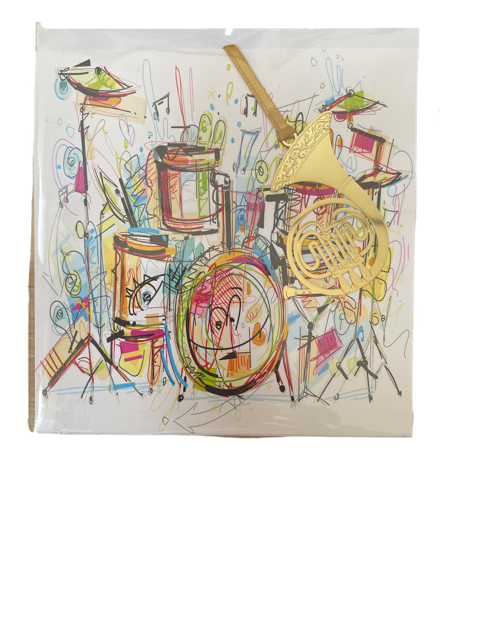 Greeting Card Colourful Drum Set with a French Horn Bookmark