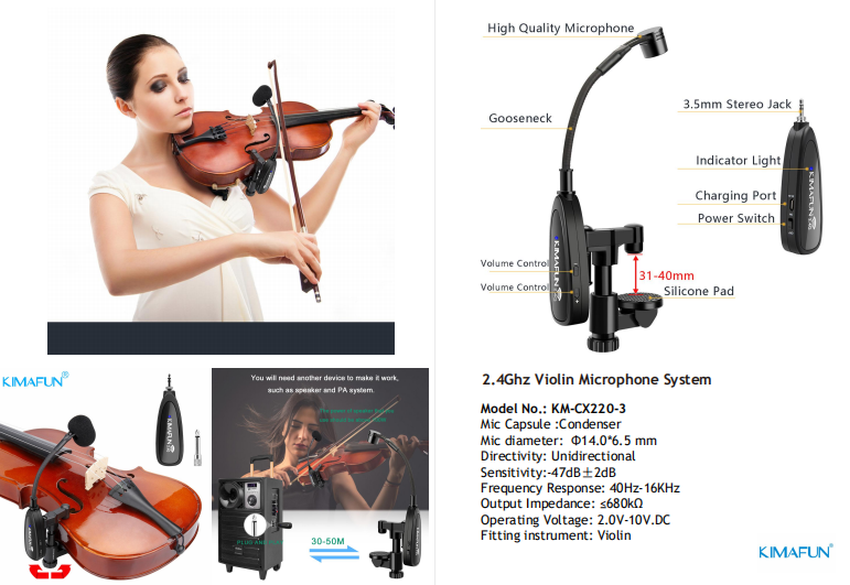 Violin Microphone - KimaFun Wireless Rechargable KM-CX220-3
