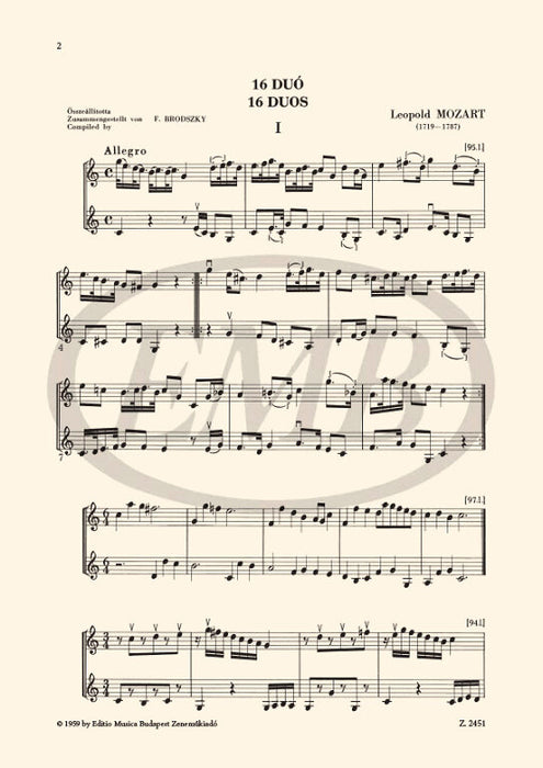 Mozart, L - 16 Duos - 2 Clarinets or 2 Violins EMB Z2451