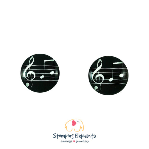 Stud Earrings - Black with a white treble clef & manuscript.