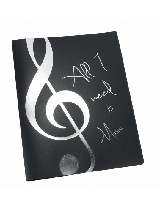 Display Book Black A4 Folder 20 Pages with Silver Treble Clef All I Need is Music