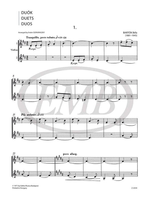 Bartok - Duos from 2-Part Choral Works - Violin Duet arranged by Szervansky EMB Z6554