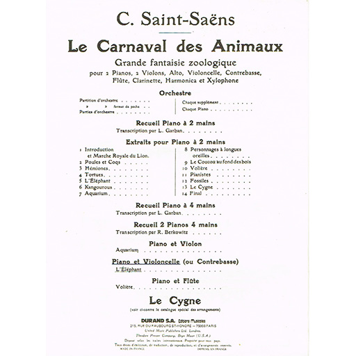 Saint-Saens - Elephant from 'Carnival of the Animals' - Double Bass Durand 10217