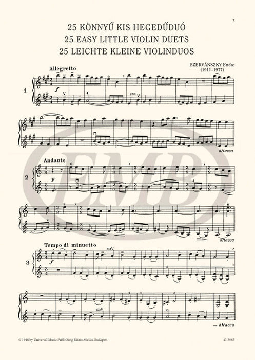 Szervansky - 25 Easy Little Duets - 2 Violins EMB Z3083