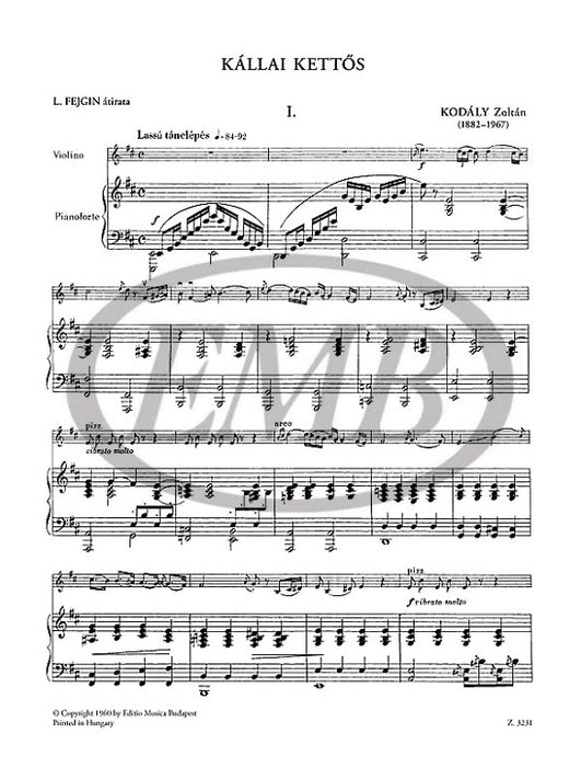 Kodaly - Kallai Kettos - Violin/Piano Accompaniment EMB Z3231