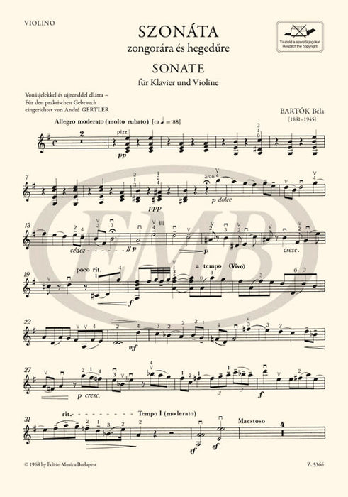 Bartok - Sonata - Violin/Piano Accompaniment edited by Dille EMB Z5366