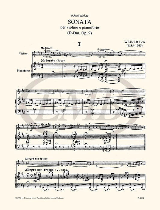 Weiner - Sonata #1 in Dmaj Op9 - Violin/Piano Accompaniment EMB Z2692