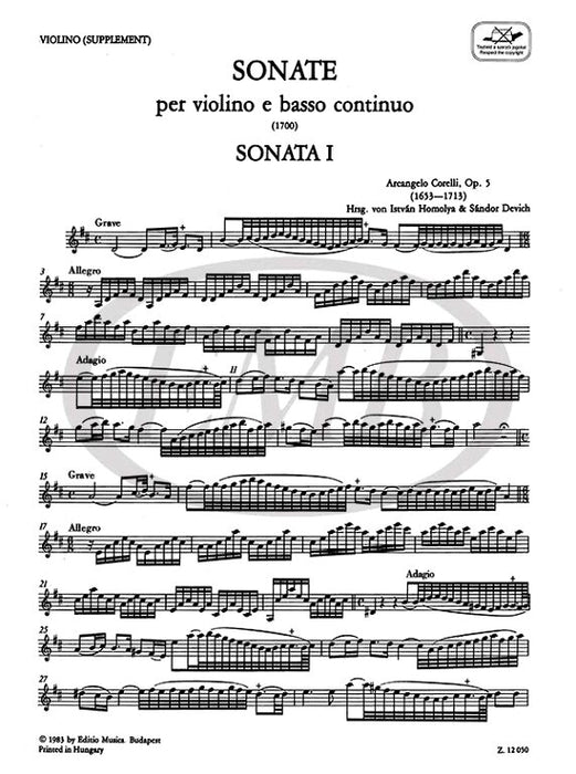 Corelli - 12 Sonatas Op5 Volume 1A - Violin/Basso Continuo EMB Z12050