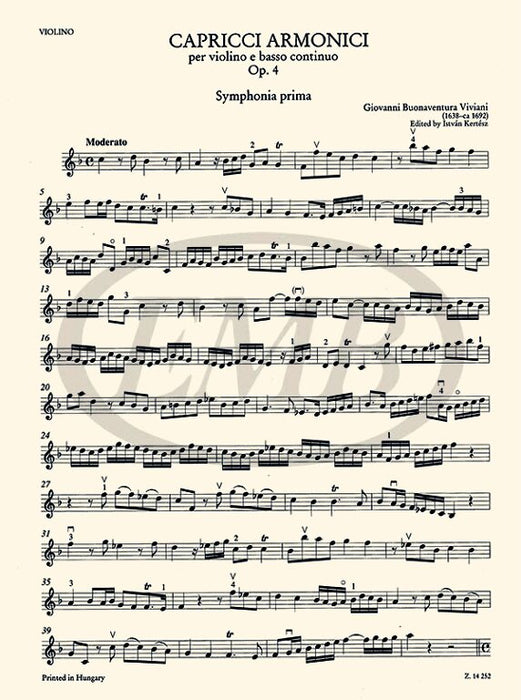 Viviani - Capricci Armonici Op4 - Violin/Basso Continuo EMB Z14252