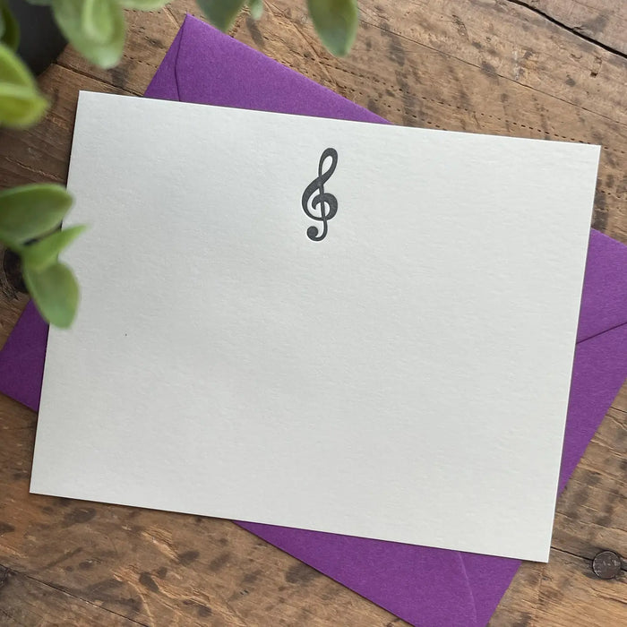 Pack of 10 Letterpressed Cards and Envelopes with a Treble Clef Design