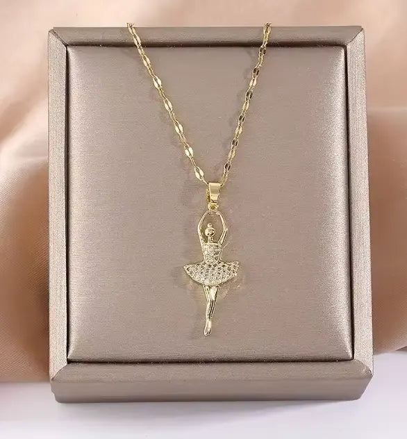 18k Gold Plated Ballerina Pendant with Crystals and Gold Chain