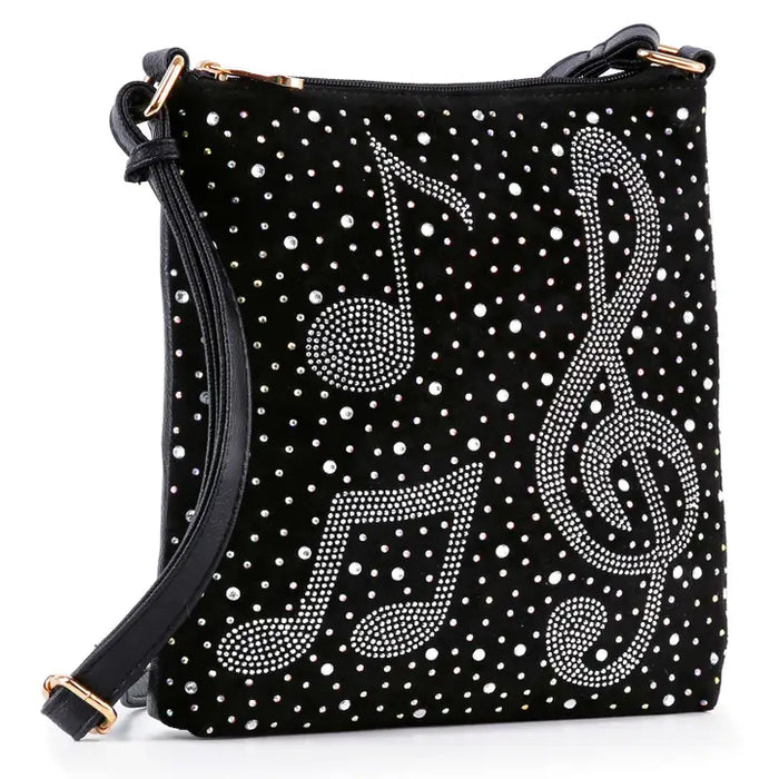 Black Rhinestone Music-Themed Shoulder Bag
