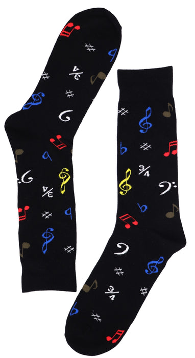 Black Unisex Crew Socks  with Colourful Music Symbols Size:5-9