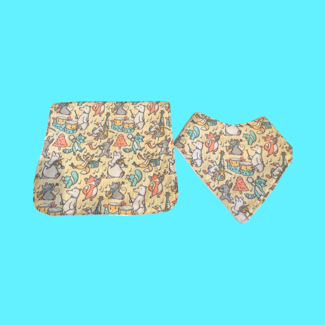 Baby Bib and Burp Cloth Large Animals playing Instruments and Music Notes Yellow
