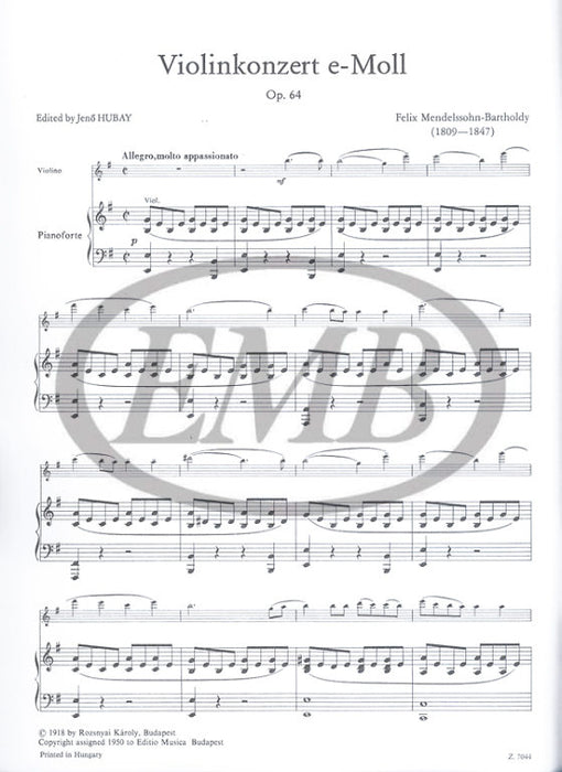 Mendelssohn - Concerto in Emin Op64 - Violin/Piano Accompaniment edited by Hubay EMB Z7044