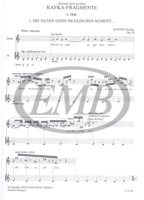 Kurtag - Kafka Fragments Op24 - Soprano/Violin EMB Z13505