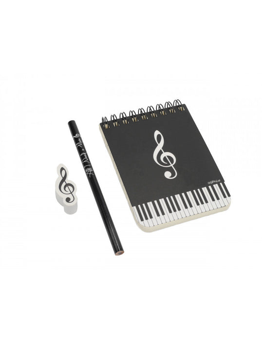 Music Stationery Pack Small Notebook with Piano Keyboard Black Pencil All I Need is Music White Treble Clef Eraser