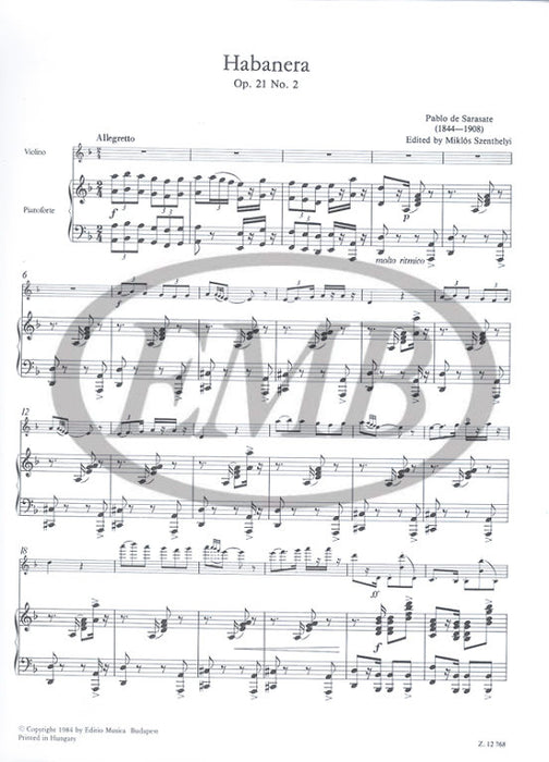 Sarasate - Habanera Op21/2 - Violin/Piano Accompaniment edited by Szenthelyi EMB Z12768