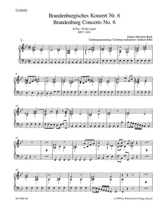 Bach - Brandenburg #6 in Bbmaj - Cembalo Part Barenreiter BA5206-07