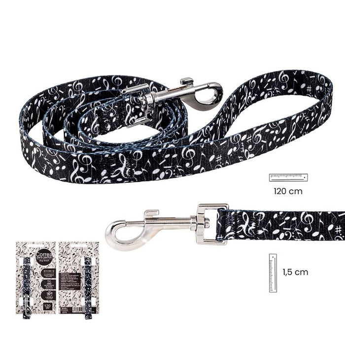 Dog Lead Black with White Notes and Clefs 1.5cm Wide