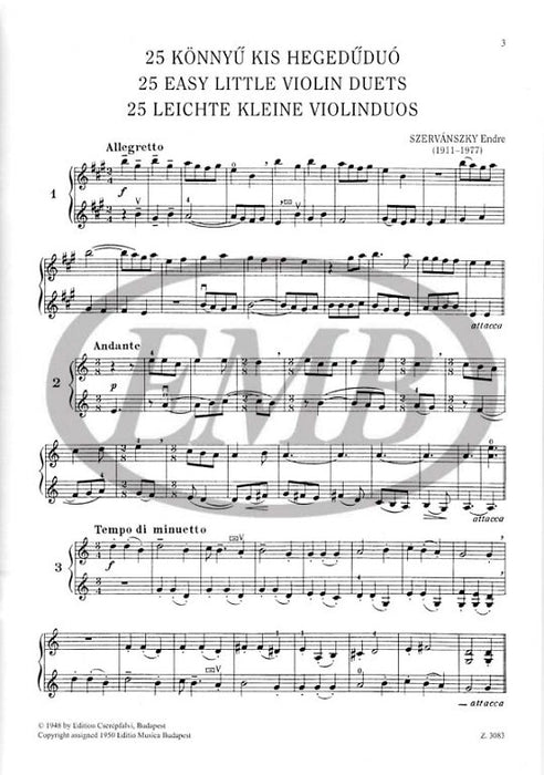 Szervansky - 25 Easy Little Duets - 2 Violins EMB Z3083