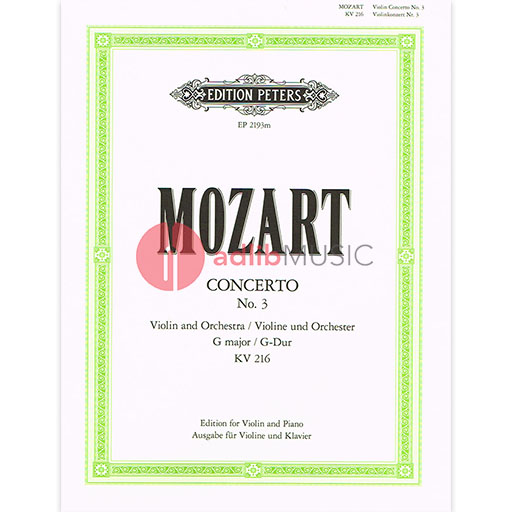 Mozart - Concerto in Gmaj #3 K216 - Violin/Piano Accompaniment edited by Oistrach Peters P2193M