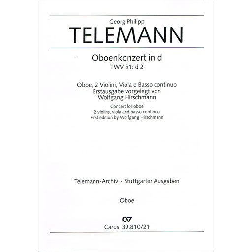 Telemann - Concerto in Dmin - Oboe/String Orchestra Oboe Solo Part Carus Verlag 39.810/21