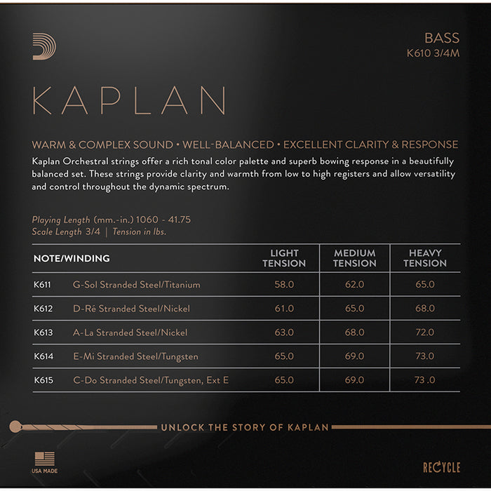 D'Addario Kaplan Bass String Set Medium Tension 3/4