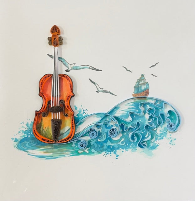 Greeting Card - Quilled Violin at Sea