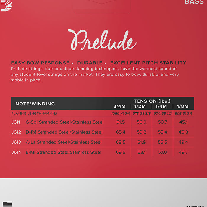 D'Addario Prelude Double Bass, Set (Med), 3/4