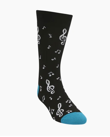 Mens Bamboo Music Socks Black with White Notes and Teal Tips 'Beethoven'
