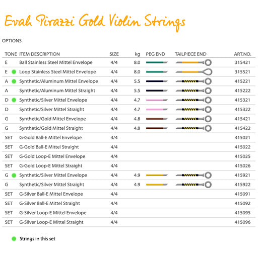 Pirastro Evah Pirazzi Gold Violin String Set (E Loop End/Silver G) 4/4