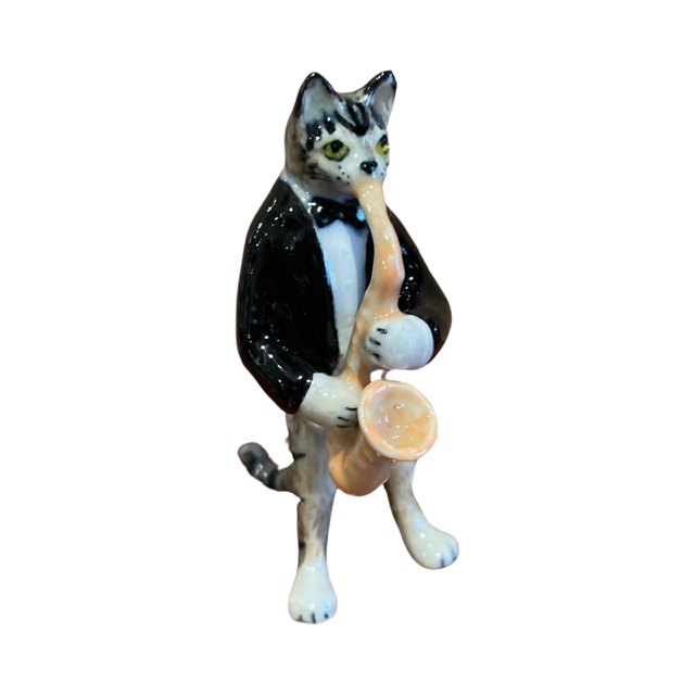Porceline Figurine Cat in a Tux Playing the Saxophone