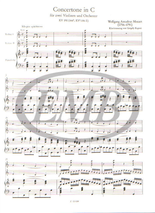 Mozart - Concertone K190 - 2 Violins/Piano Accompaniment EMB Z13698