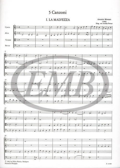 Mortaro - 5 Canzoni a 4 - 4-Part Chamber Ensemble EMB Z12003
