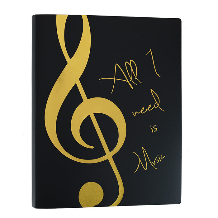 A4 Display Folder Black with Gold Treble Clef and 'All I Need is Music' Saying 20 Clear Pockets