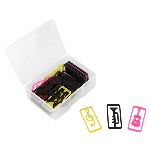 BOX OF PAPER CLIPS RECTANGULAR WITH MUSIC SYMBOLS & INSTRUMENTS.