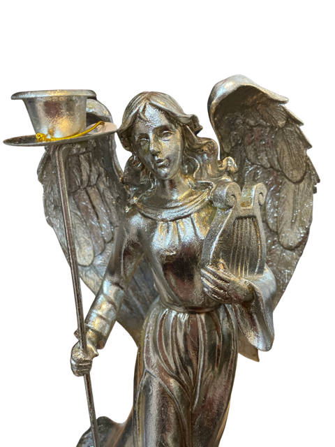 Angel Holding Harp Candle Holder Decoration Silvery Gold Colour