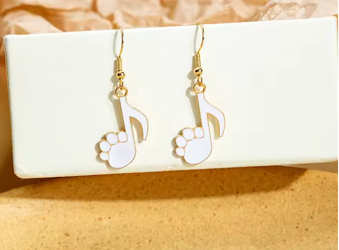Gold and Enamel Cat Dog Earrings White Paw Quavers