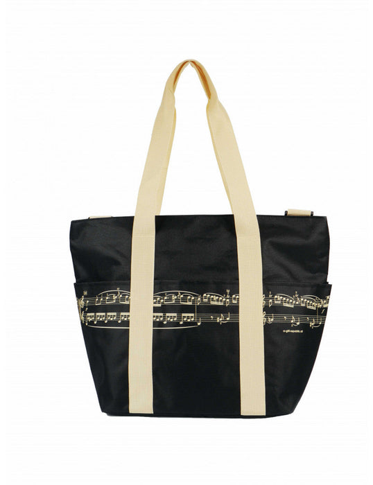 Music Themed Shoulder Bag Black with Yellow Manuscript Print and Yellow Straps