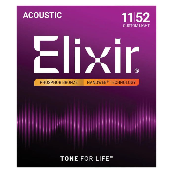 Elixir 16027 Nanoweb Phosphor Bronze Acoustic Guitar String Set Custom Light 11-52 Gauge