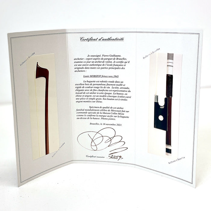 Collin-Mezin Violin bow by Louis Morizot freres c1945 59.5g with P Guillaume Certificate