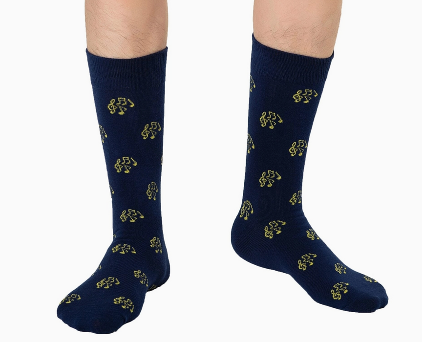 Musical Notes Socks Navy Blue with Yellow Treble Clefs and Notes