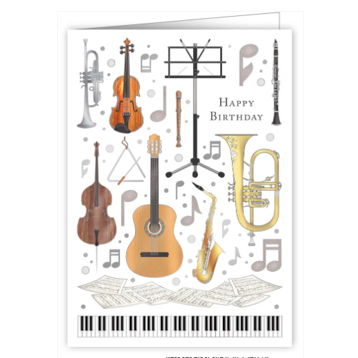 Greeting Card - Happy Birthday Musical Instruments with Silver Embossing