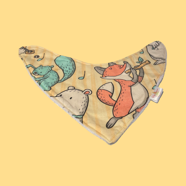 Baby Bib with Large Animals Featuring a Fox Playing the Flute and Music Notes Yellow