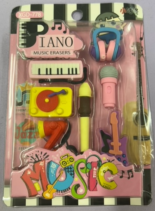 Box of Colourful Music Themed Erasers Pink Backing