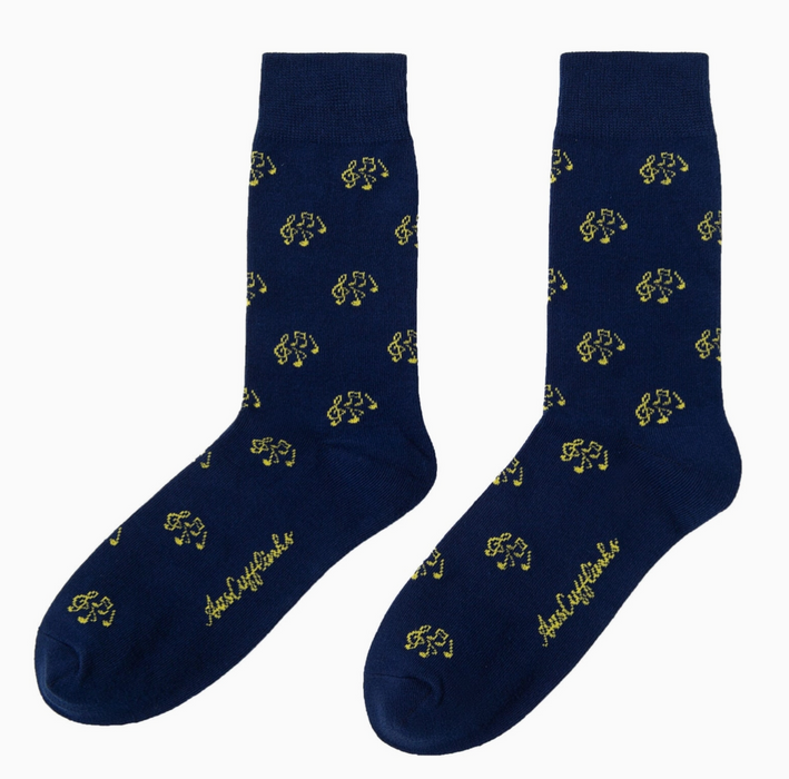 Musical Notes Socks Navy Blue with Yellow Treble Clefs and Notes